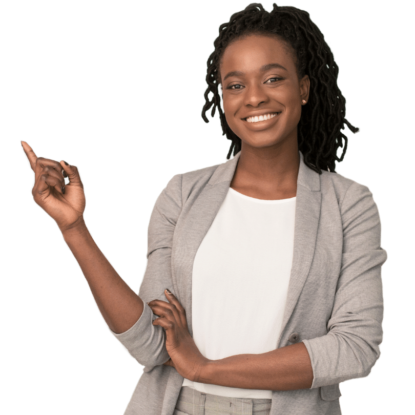 Smiling woman pointing at Book Download Image